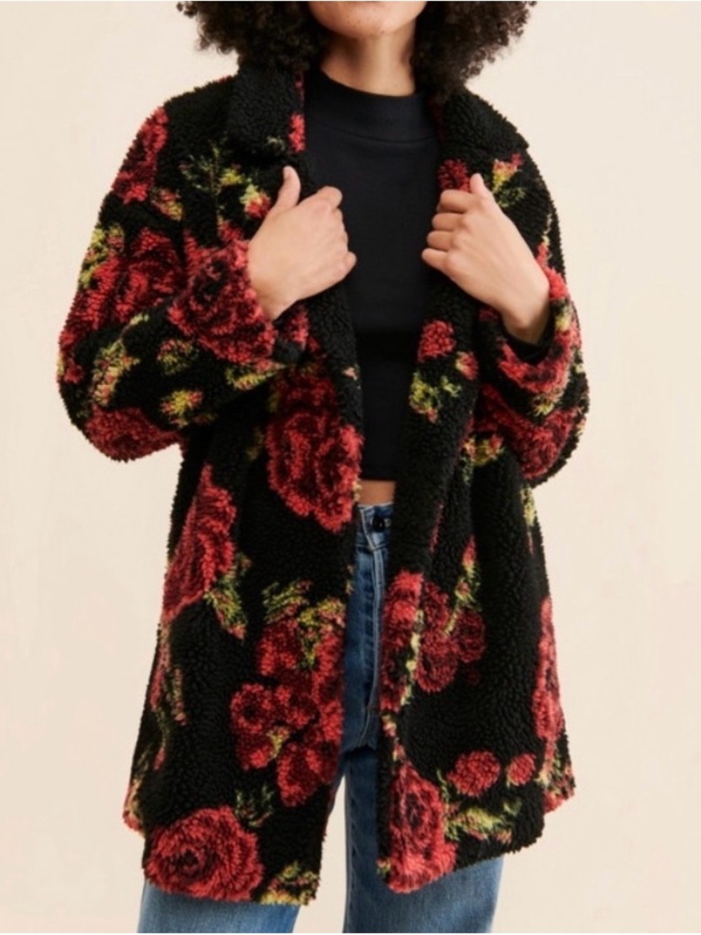 Anthropologie Winter Roses Black Floral Sherpa Jacket - Picture 3 of 7